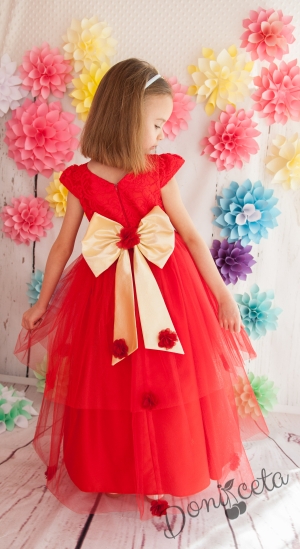 Официална детска дълга рокля Мариета в червено с дантела и тюл с голяма панделка