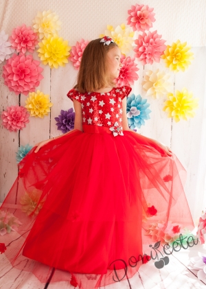Официална детска дълга рокля Цветелина с дантела и тюл в червено с голяма панделка в сребристо