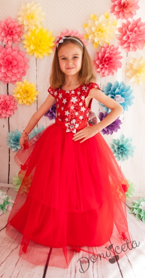 Официална детска дълга рокля Цветелина с дантела и тюл в червено с голяма панделка в сребристо