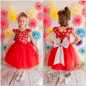 Официална детска рокля Емили в червено с блясък със звездички и тюл