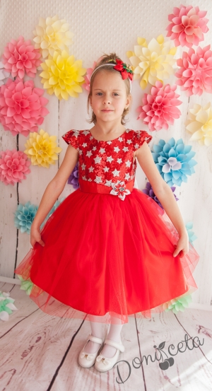 Официална детска рокля Емили в червено с блясък със звездички и тюл