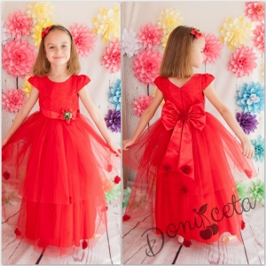Официална детска дълга рокля Елица с дантела и тюл с голяма панделка в червено