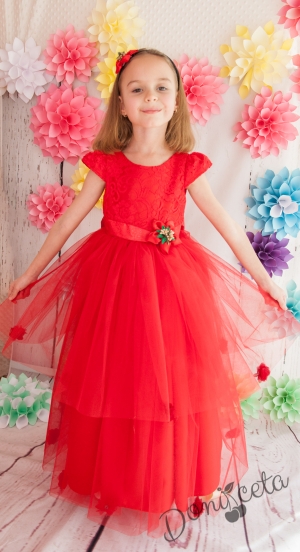 Официална детска дълга рокля Елица с дантела и тюл с голяма панделка в червено