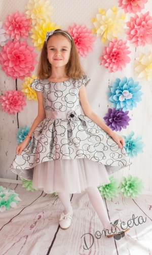 Официална детска рокля  Сребърна принцеса с къс ръкав  в сребристо с тюл 