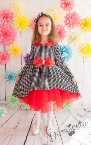 Официална детска или бебешка рокля с дълъг ръкав с каре и тюл в червено Теодора 