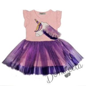 Детска рокля с къс ръкав с еднорог в розово и тюл в лилаво