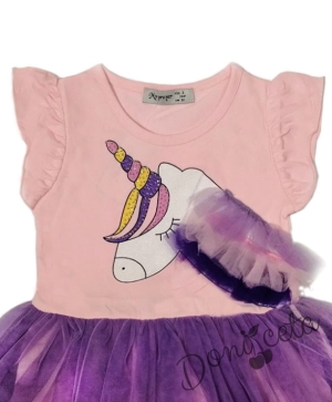 Детска рокля с къс ръкав с еднорог в розово и тюл в лилаво