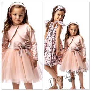 Комплект от официална детска рокля Аврора в прасковено с тюл и болеро с копченце