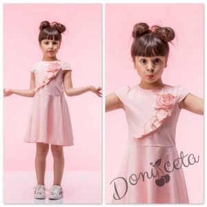 Лятна детска рокля в розово с цвете с къс ръкав от памучно трико Контраст