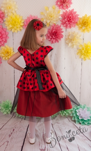 Официална детска рокля Нанси в червено на черни точки с калинка