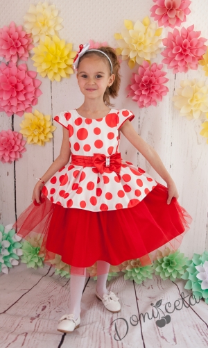 Официална детска рокля Монита  в бяло на червени точки с коланче
