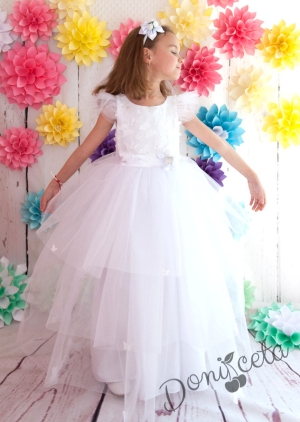 Официална детска дълга рокля Пепелота в бяло с пеперуди и голяма панделка отзад