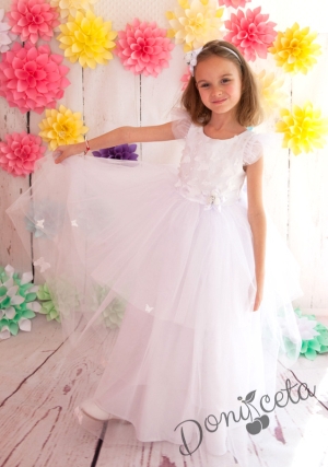 Официална детска дълга рокля Пепелота в бяло с пеперуди и голяма панделка отзад