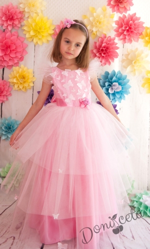 Официална детска дълга рокля Розалина в розово с пеперуди и голяма панделка отзад