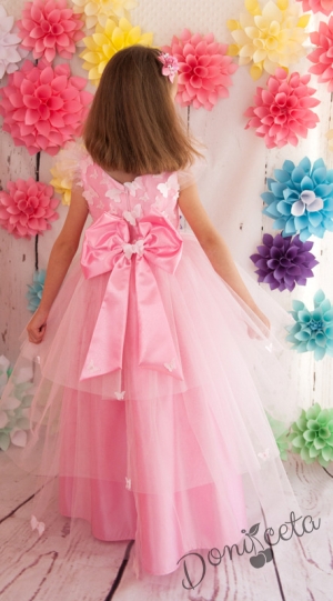 Официална детска дълга рокля Розалина в розово с пеперуди и голяма панделка отзад