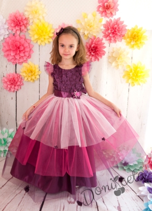 Официална детска дълга рокля Лиляна в лилаво с пеперуди и голяма панделка в лилаво отзад