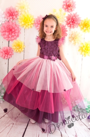 Официална детска дълга рокля Лиляна в лилаво с пеперуди и голяма панделка в лилаво отзад