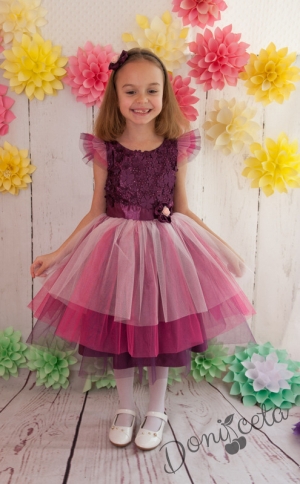 Официална детска  рокля Виляна в лилаво и голяма панделка в лилаво отзад
