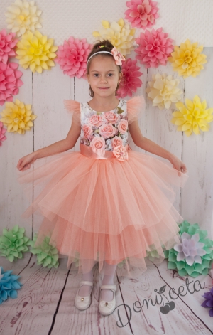 Официална детска  рокля в прасковено с цветя с голяма панделка отзад Боянка 