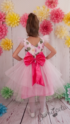 Официална детска рокля Красимира в розово с цветя и голяма панделка в циклама отзад