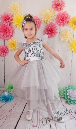 Официална детска  рокля Галина  в сиво с цветя с голяма панделка отзад