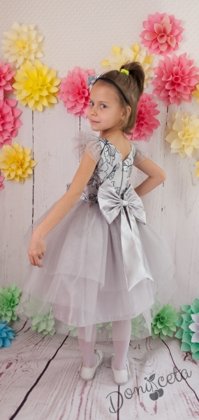 Официална детска  рокля Галина  в сиво с цветя с голяма панделка отзад
