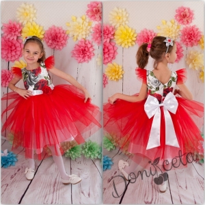 Официална детска  рокля  Анелия  в червено с цветя и голяма бяла панделка отзад
