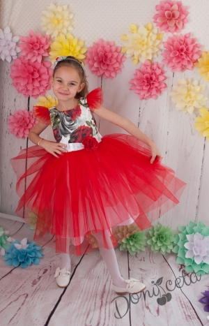 Официална детска  рокля  Анелия  в червено с цветя и голяма бяла панделка отзад