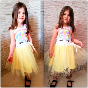 Детска рокля  без ръкав с Пони/ Еднорог с тюл в жълто