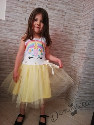 Детска рокля  без ръкав с Пони/ Еднорог с тюл в жълто