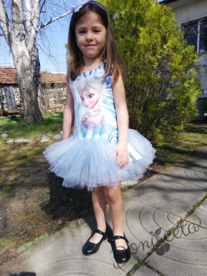 Детска рокля  без ръкав с Елза  от Замръзналото Кралство и тюл в светлосиньо
