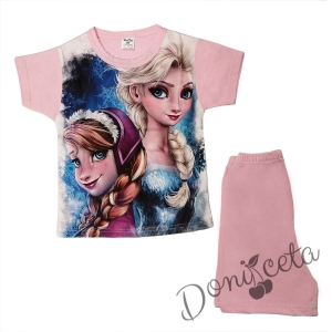 Детска пижама с къс ръкав с картинка на замръзналото кралство в розово
