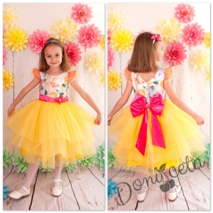 Празнична/официална детска рокля на цветя  с тюл в жълто Жулиета