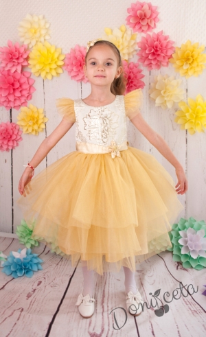 Официална детска рокля Зара в златисто с тюл и голяма панделка