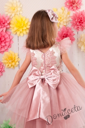 Официална бебешка/детска рокля Галя в пепел от рози с тюл и голяма панделка