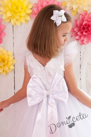 Официална детска рокля в бяло с голяма панделка отзад и 3D пеперуди с тюл Анита