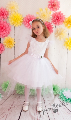 Официална детска рокля в бяло с голяма панделка отзад и 3D пеперуди с тюл Анита