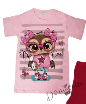 Детска пижама къс ръкав с картинка на бухал в розово и циклама