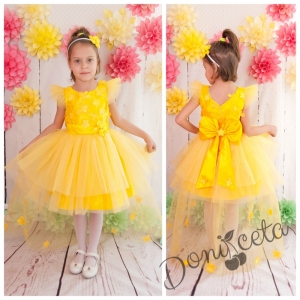 Официална детска рокля с голяма панделка с 3D пеперуди и с тюл в жълто 298 ЖП