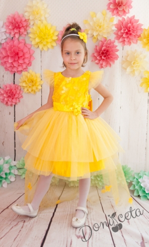 Официална детска рокля с голяма панделка с 3D пеперуди и с тюл в жълто 298 ЖП