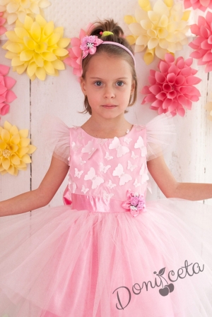 Официална детска рокля с голяма панделка и 3D пеперуди с тюл в розово 298 РП