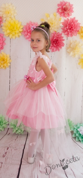 Официална детска рокля с голяма панделка и 3D пеперуди с тюл в розово 298 РП