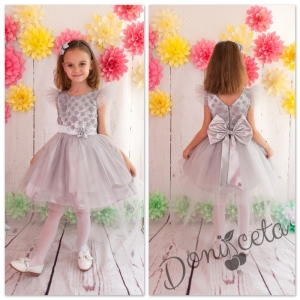 Официална детска рокля Мила  с голяма панделка с 3D цветя и с тюл в сребристо