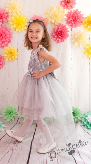 Официална детска рокля Мила  с голяма панделка с 3D цветя и с тюл в сребристо 278СЦТ