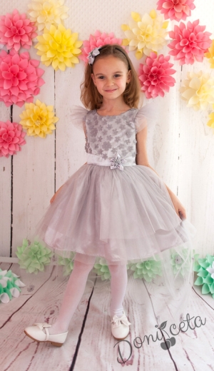 Официална детска рокля Мила  с голяма панделка с 3D цветя и с тюл в сребристо 278СЦТ
