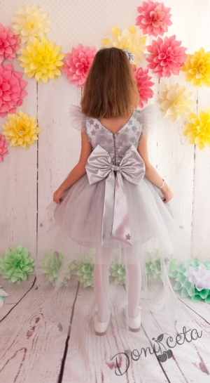 Официална детска рокля Мила  с голяма панделка с 3D цветя и с тюл в сребристо
