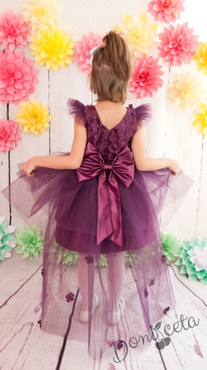 Официална детска рокля Мони с голяма панделка с 3D цветя и с тюл в лилаво