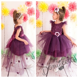 Официална детска рокля Мони с голяма панделка с 3D цветя и с тюл в лилаво