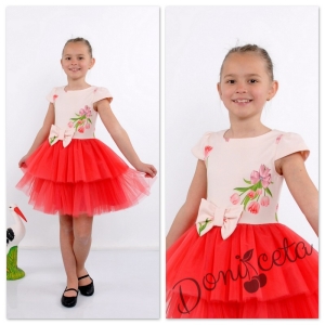 Официална детска рокля Ася  на цветя с тюл в червено