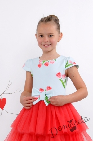 Официална детска рокля Ася в цвят мента с лалета и с тюл в червено